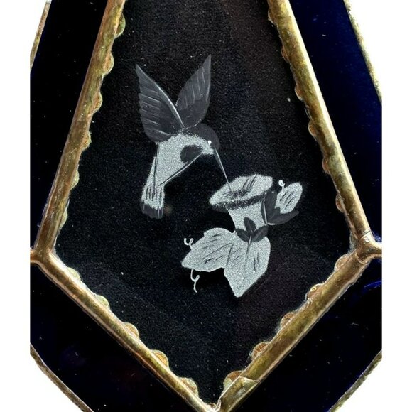 Vintage Stained Glass Hummingbird Sun Catcher Etched Bird Flower Handcrafted Art - Picture 6 of 9